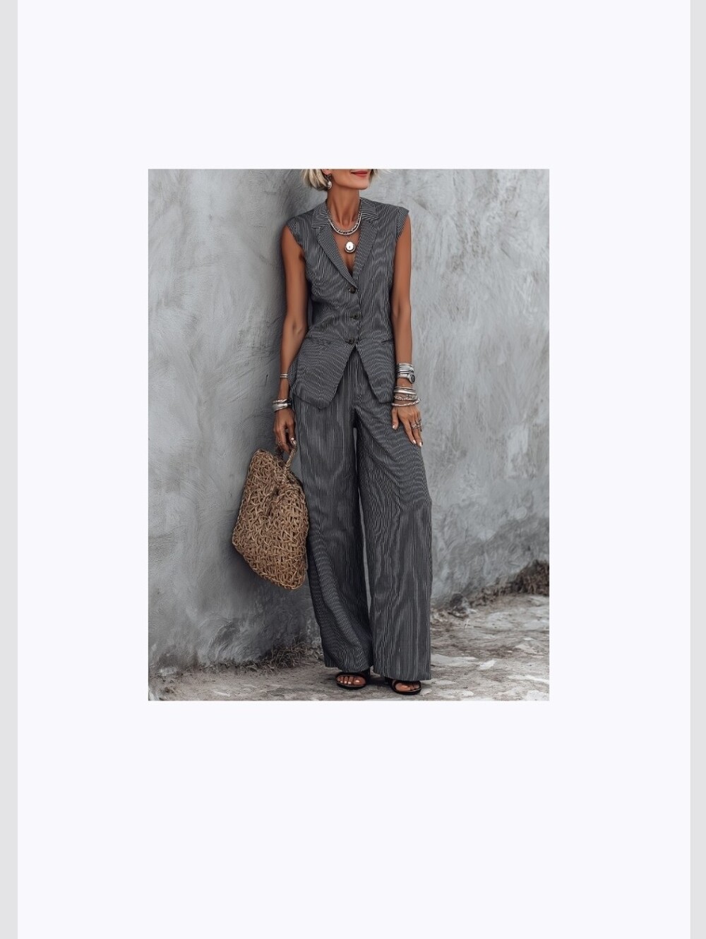 Sleeveless Vest top & Wide-Leg pant suit- Gray